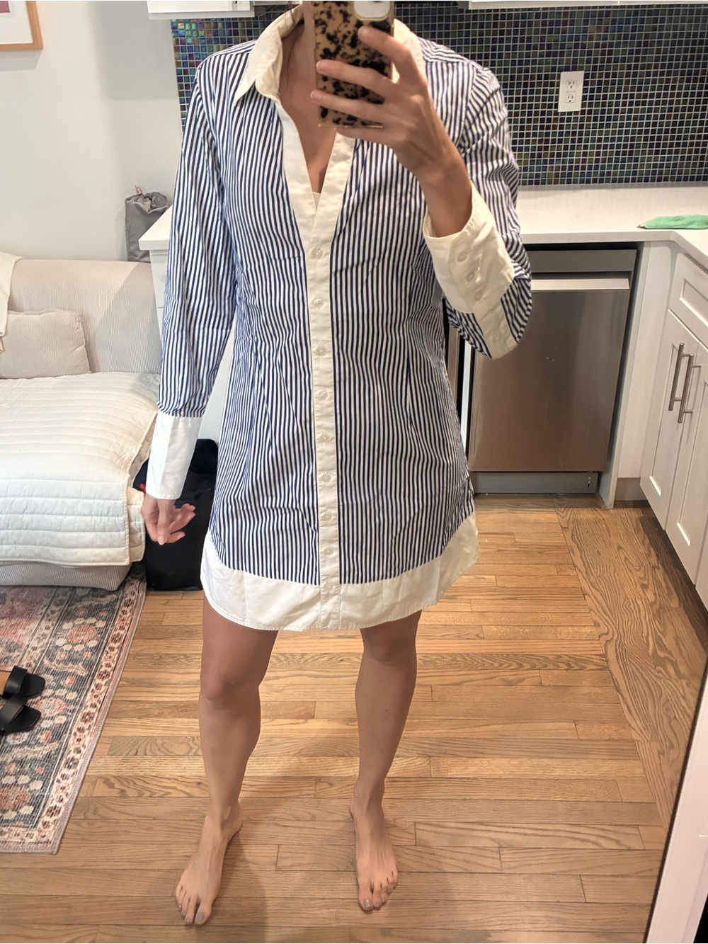Ben Sherman Navy and White Vertical Stripe Button-Down Shirt Dress